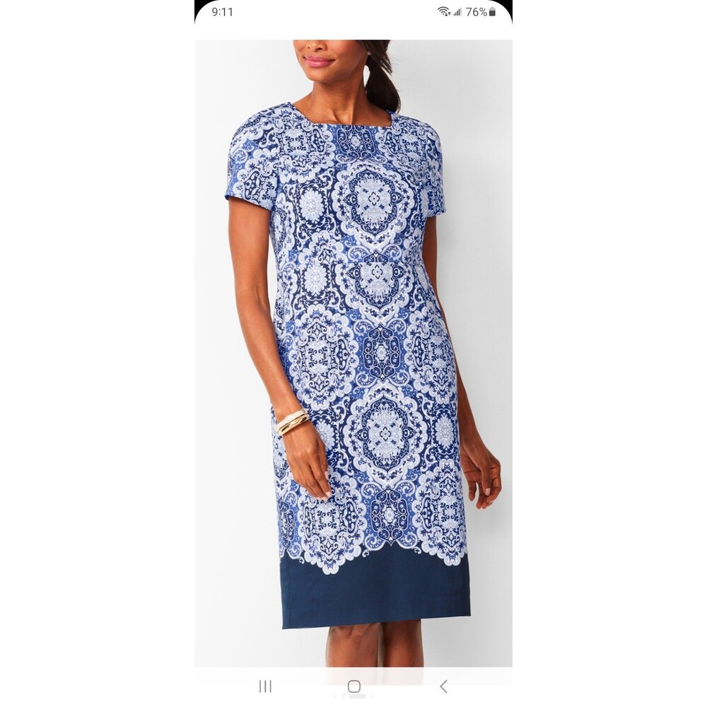 Talbots navy medallion sheath dress 2 cotton stretch lined short sl. career